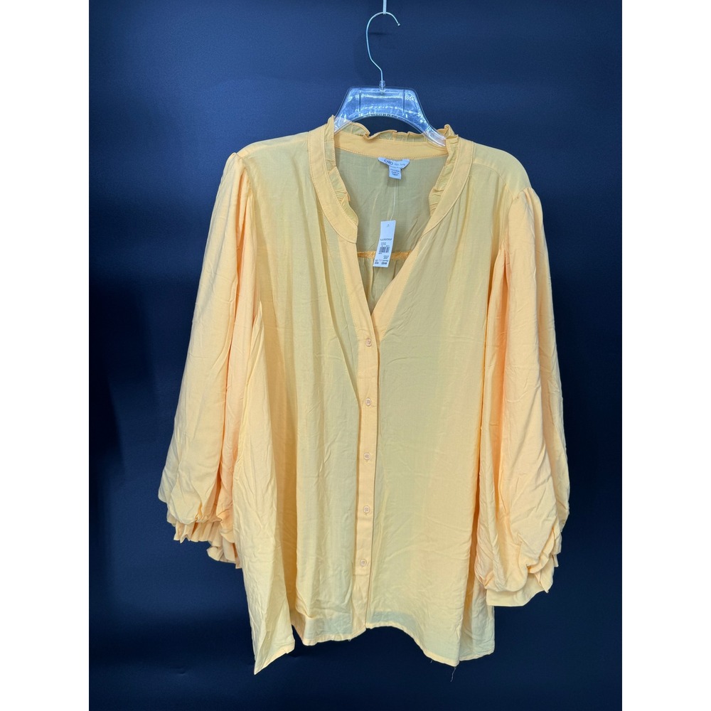 Cato Blouse Women 22/24W Yellow NWT Ruffle V-Neck Puff Sleeve Button Down